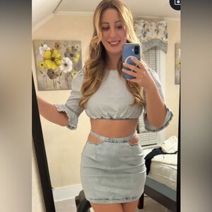 New We Wore What Matching Set Denim Cut Out Waist Mini Skirt & Crop Top Size M